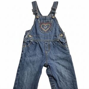 OshKosh B’gosh Denim Overalls 12M – Embroidered Rainbow Heart Ruffled Hems